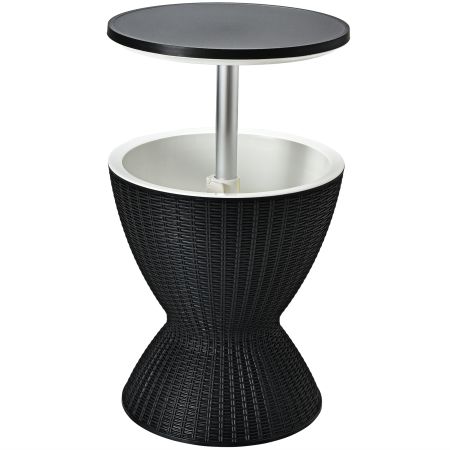 Hielera 30 L para Patio Mesa Baja de Bar con Superficie Elevable Imitación Ratán para Vino Cerveza Fiestas Piscina Negro Φ 48,5 x 57,5 cm