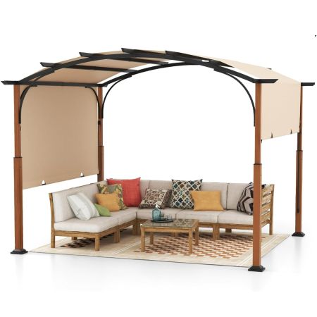 Pérgola Retráctil de Metal Arqueada con Dosel Retráctil Aspecto de Madera Enrejado de Uva para Exteriores Terraza 360 x 300 cm 
