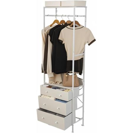 Perchero con Cajones Organizador de Armario Independiente con Barra para Colgar y Estantes para Entrada Dormitorio 55 x 28 x 176 cm Blanco