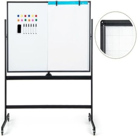 Pizarra Móvil Magnética en Seco 120x90cm con Doble Cara Soporte Ruedas Giro de 360° Altura Ajustable 161-181cm para Escuela Oficina Negro