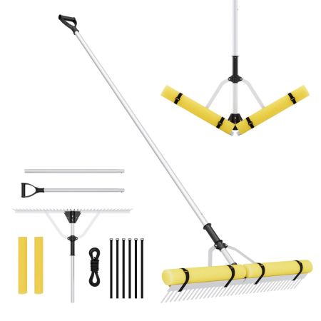 Rastrillo Flotation Plegable de Aluminio con Cabezal de 92 cm y Mango de Extensión Ajustable para Eliminación de Malezas y Algas Plata