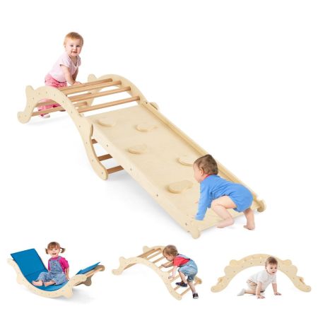 3 en 1 Set Escalada Plegable para Niños Arco Escalera con Estera y Rampa Reversible para Escalar y Deslizar de Madera Carga 60 kg