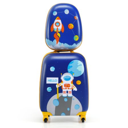 Costway Juego de Maleta y Mochila para Niños Mochila 24 cm con Mango Retráctil Maleta 27 cm con Ruedas Set Equipaje de Viaje Azul