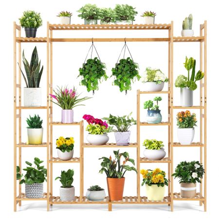 Soporte de plantas con estante colgante y dispositivo antivuelco