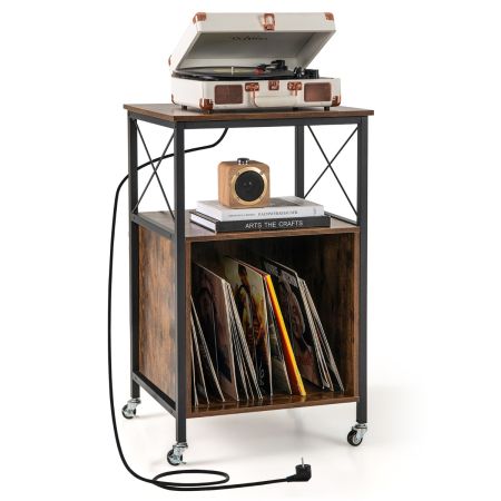 Soporte para Tocadiscos Mesa Auxiliar con Estación de Carga Incorporada Gabinete de Almacenamiento para Vinilos Estante de Exhibición Marrón