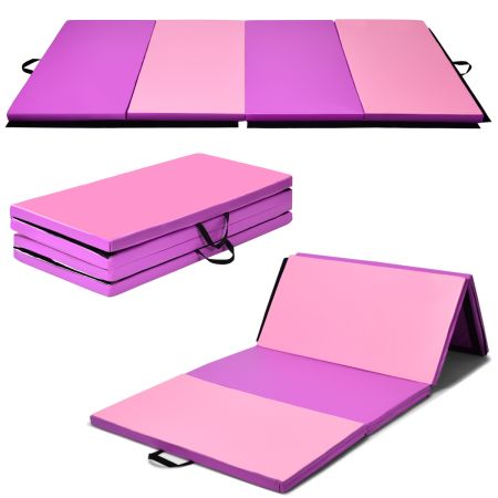 Colchoneta Plegable con 2 Empuñaduras y 4 Paneles para Gimnasia Casa Yoga Fitness Entrenamiento Elongaciones Rosa y Violeta 240 x 120 x 5 cm