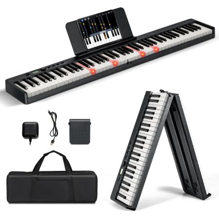 Costway Teclado de Piano Eléctrico Plegable 88 Teclas Iluminadas Tamaño Completo Piano Digital Portátil MP3/USB/MIDI 126 x 30 x 22,5 cm Negro