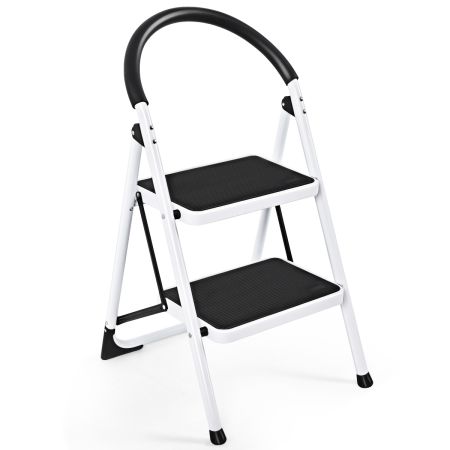 Escalera Plegable de Metal con 2 Peldaños en Estructura Resistente y Cómoda Empuñadura para Casa Cocina Garaje Hasta 150 kg Negro