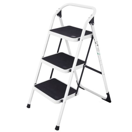 Escalera Plegable con 3 Peldaños Antideslizantes Anchos y Remaches de Refuerzo para Casa Garaje Cocina Negro y Blanco Hasta 150kg