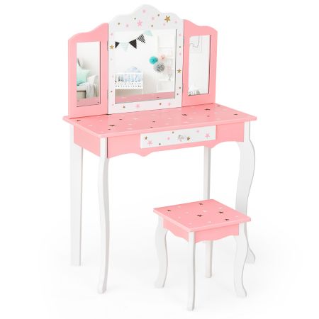 Costway Set Tocador y Taburete para Niños Rosa