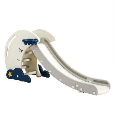 Tobogán Plegable para Niños con Forma de Luna con Escaleras y Canasta de Baloncesto Estable y Seguro Blanco y Azul 180 x 43 x 83 cm