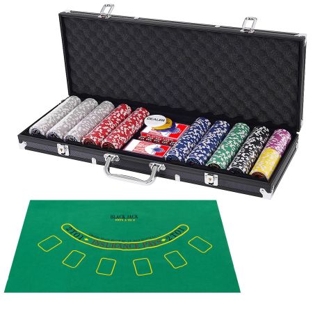 Set con 500 Fichas de Póker Texas Holdem y Caja de Aluminio para Blackjack Juego de Azar Negro 56 x 20 x 6 cm