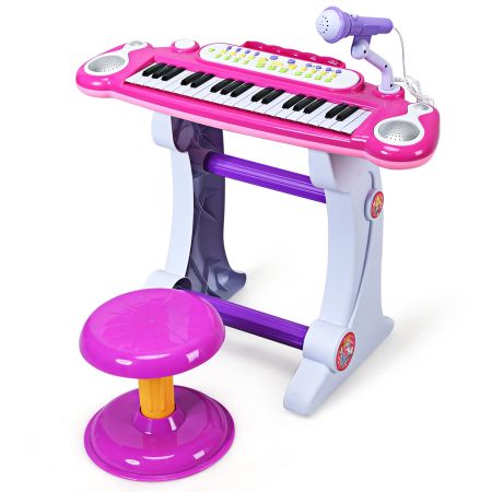 Piano Electrónico para Niños con 37 Teclas Micrófono y Taburete Función Grabación y Reproducción Rosa 57 x 28 x 45,5 cm