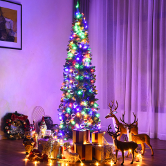 Costway 225 cm Árbol de Navidad Artificial Abeto de Bisagra Iluminado con 1085 Ramas 350 Luces Led Coloreadas Base Plegable de Metal Verde