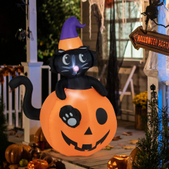 Costway 150 cm Decoración Inflable de Halloween Gato Negro con Calabaza con Luces LED y Soplador para Patio Jardín Césped
