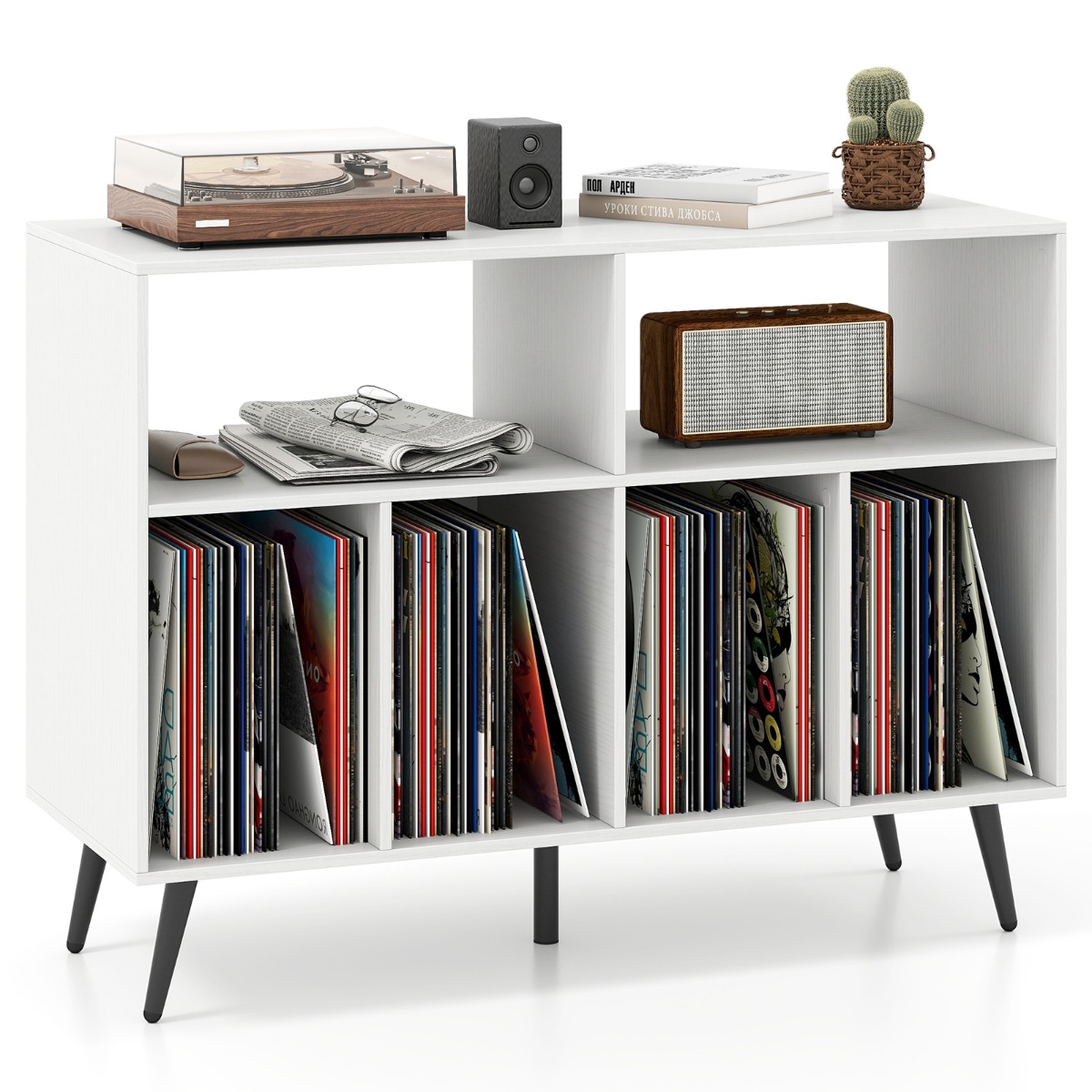 Soporte para Tocadiscos de Pie con 2 Estantes Abiertos y 4 Compartimentos para Sala de Estar Dormitorio 100 x 40 x 74,5 cm Blanco Costway