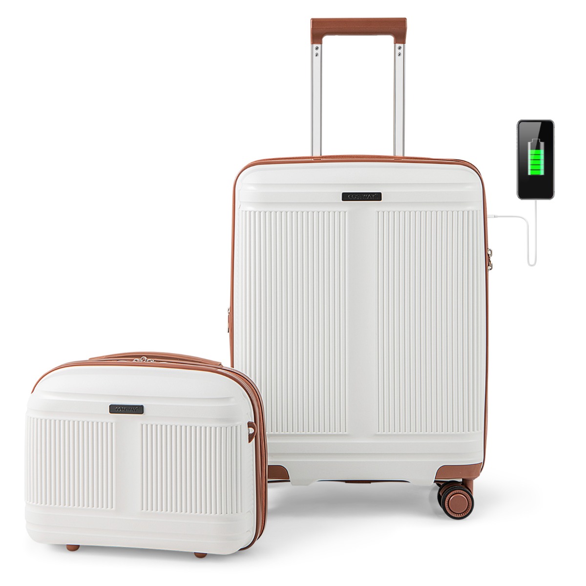 Juego de Equipaje de 2 Piezas Maleta de Mano de 20" y Estuche Cosmético de 14" con Puerto USB Carcasa PP con Cerradura-Blanco Costway