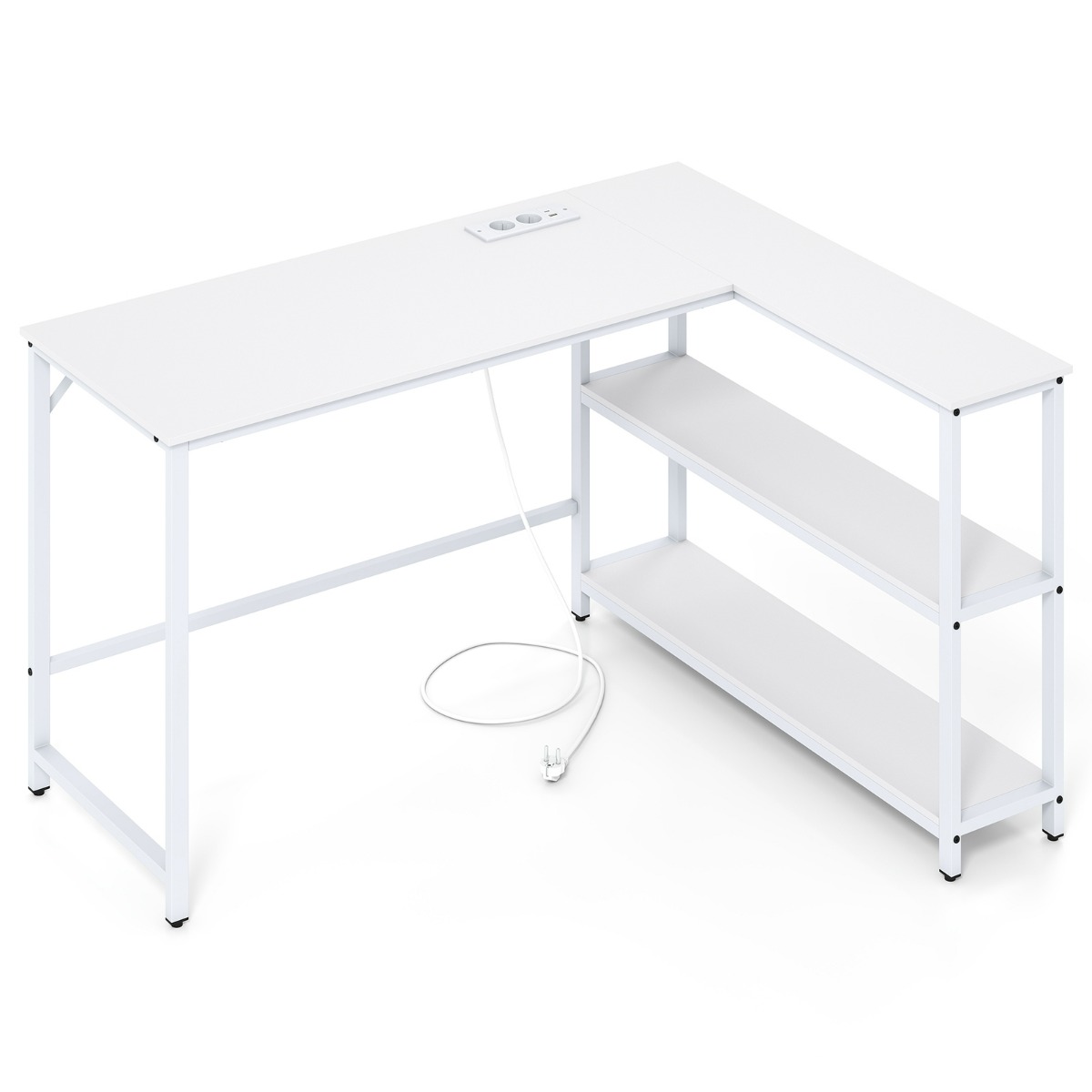 Escritorio en Forma de L con Estación de Carga Escritorio de Esquina para Computadora con Estantes Mesa para Juegos Blanco Costway