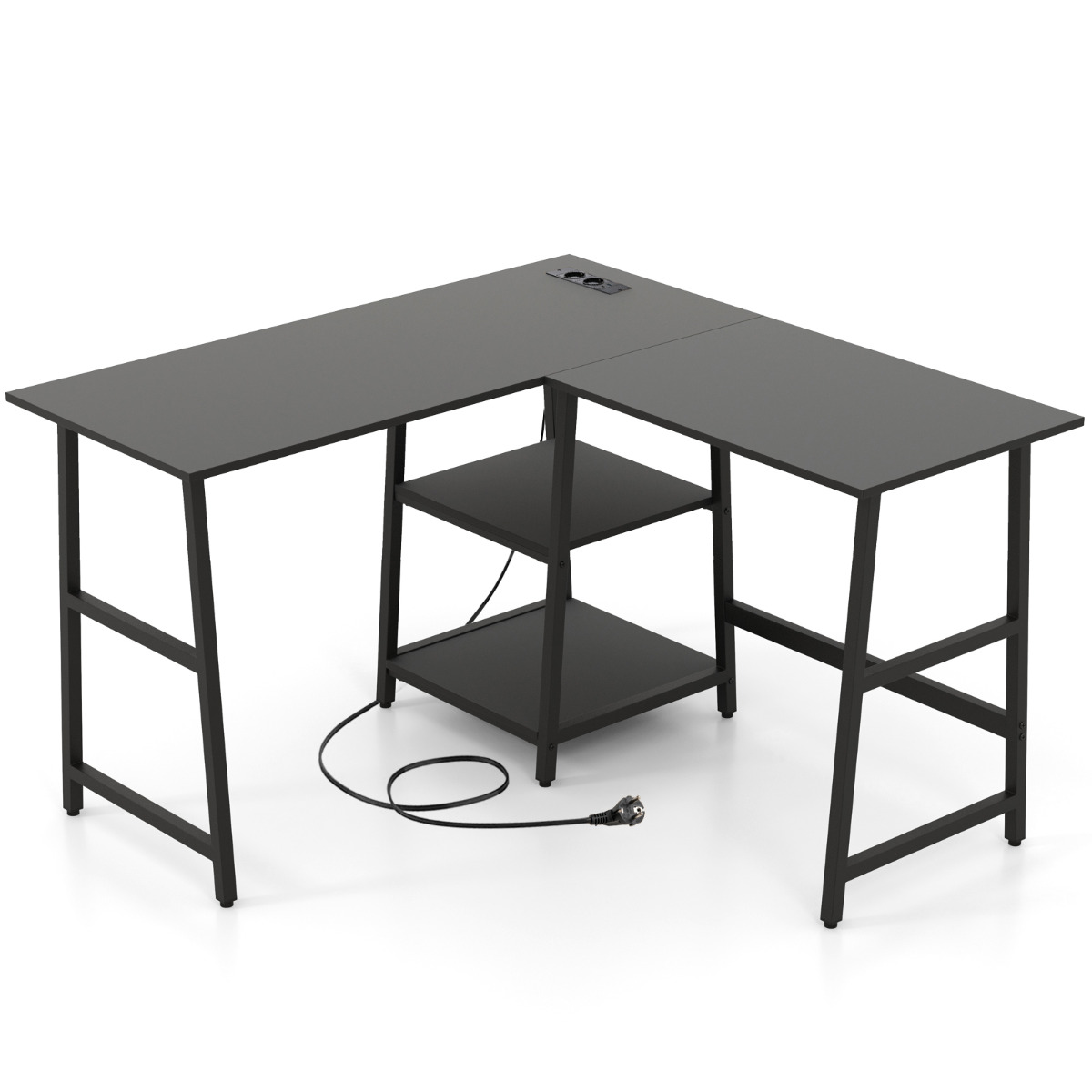 Escritorio en Forma de L con Tomas de Corriente y Puertos USB Escritorio Esquinero de 120cm con Estantes Estación de Trabajo Multiuso Negro Costway