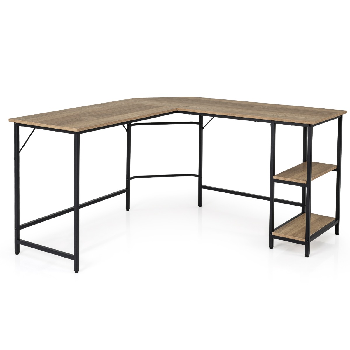 Costway Escritorio en Forma de L de 138 cm Escritorio Esquinero con Marco de Acero Carbono Estante de 2 Niveles y Estante Extraíble Natural