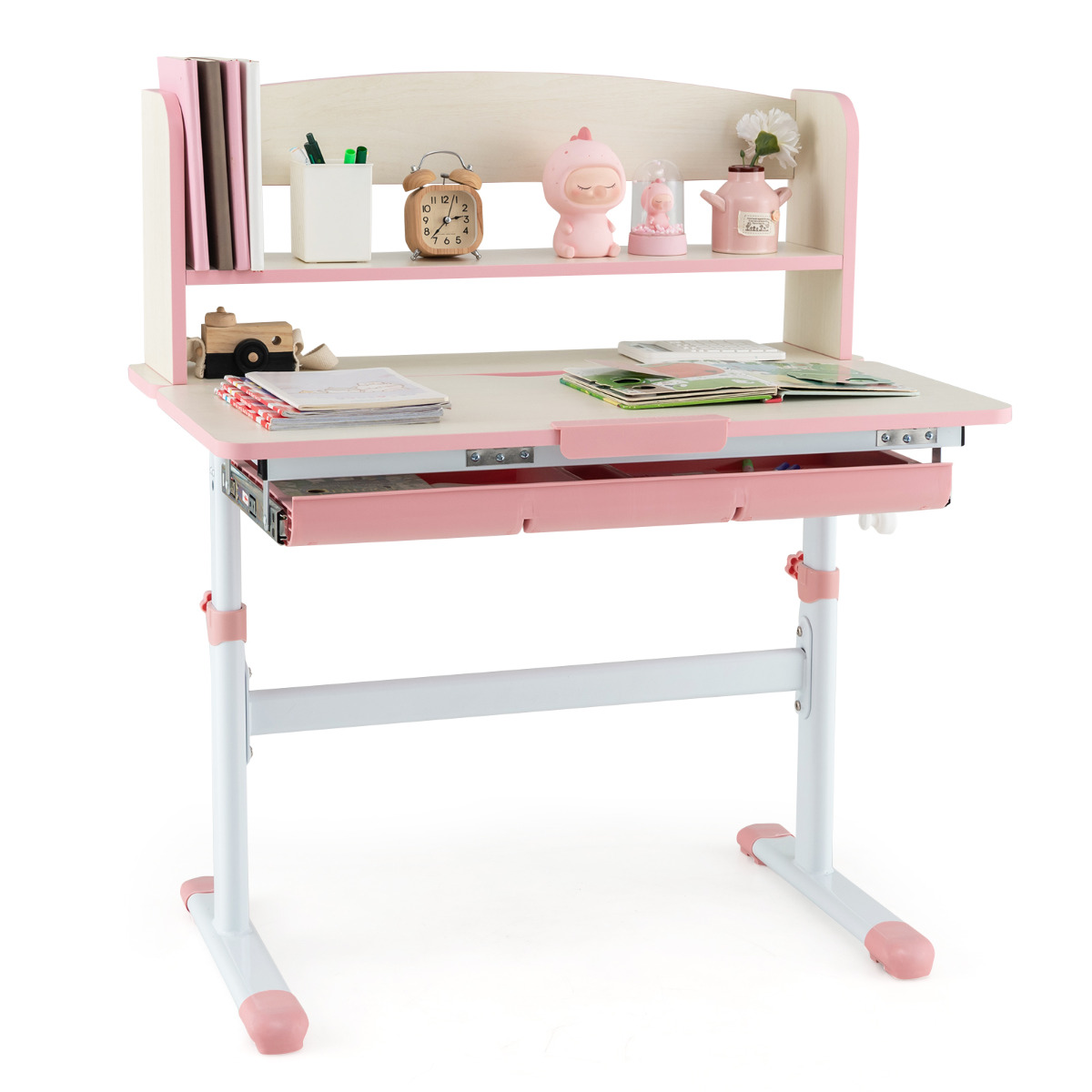 Escritorio de Estudio para Niños de Altura Ajustable con Escritorio Inclinable para Estudiantes en Casa y Escuela con Aparador Cajón Rosa Costway