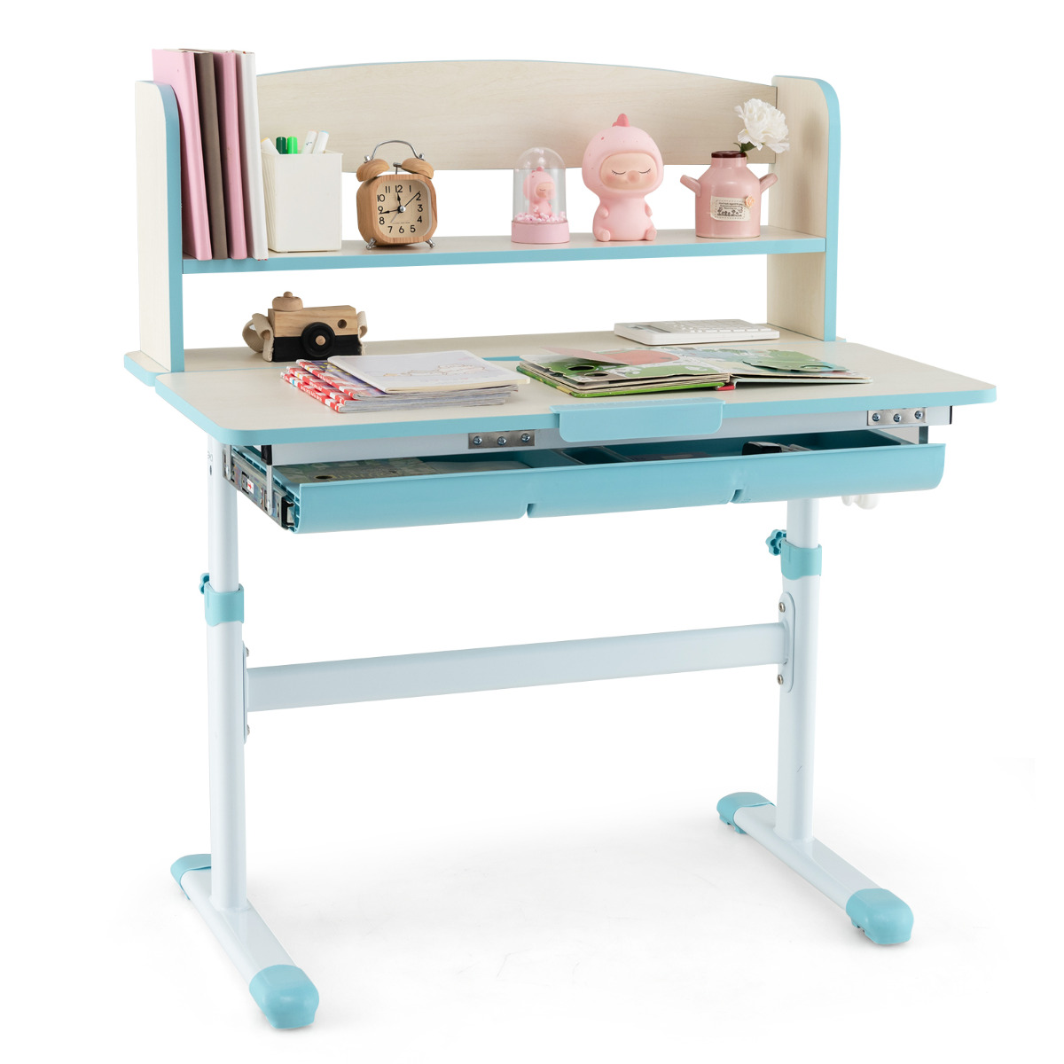 Escritorio de Estudio para Niños de Altura Ajustable con Escritorio Inclinable para Estudiantes en Casa y Escuela con Aparador Cajón Azul Costway