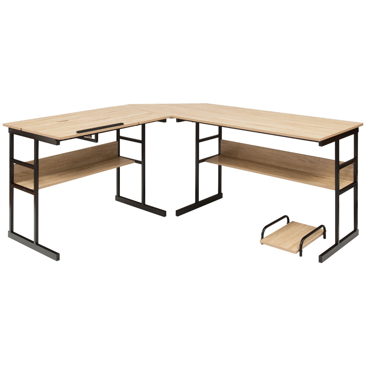 Escritorio de Esquina Moderno en Forma de L Mesa de Dibujo Inclinable con Estante Inferior Marco de Metal Natural Costway