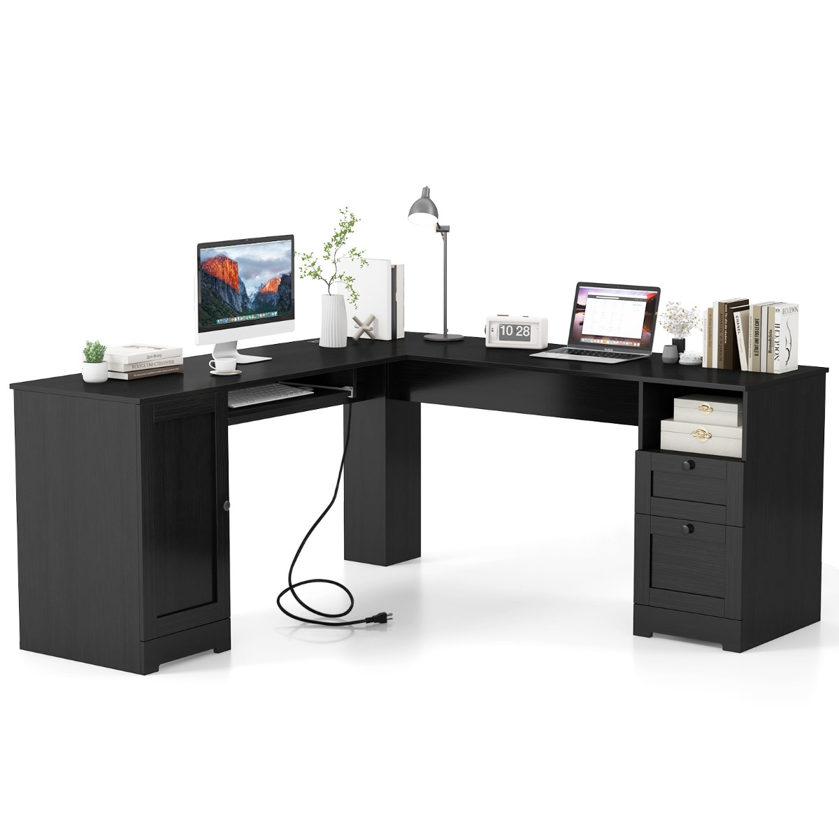 Escritorio en Forma de L con 2 Cajones Estante Ajustable y Bandeja de Teclado Escritorio Ejecutivo en Esquina Negro Costway