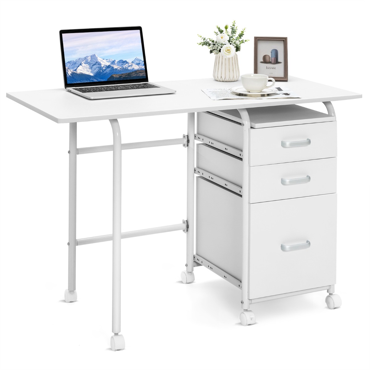 Escritorio Plegable con Ruedas 3 Cajones Encimera Abatible Ahorra Espacio Convertible en Cajonera Mesa Móvil para Oficina Dormitorio Blanco Costway