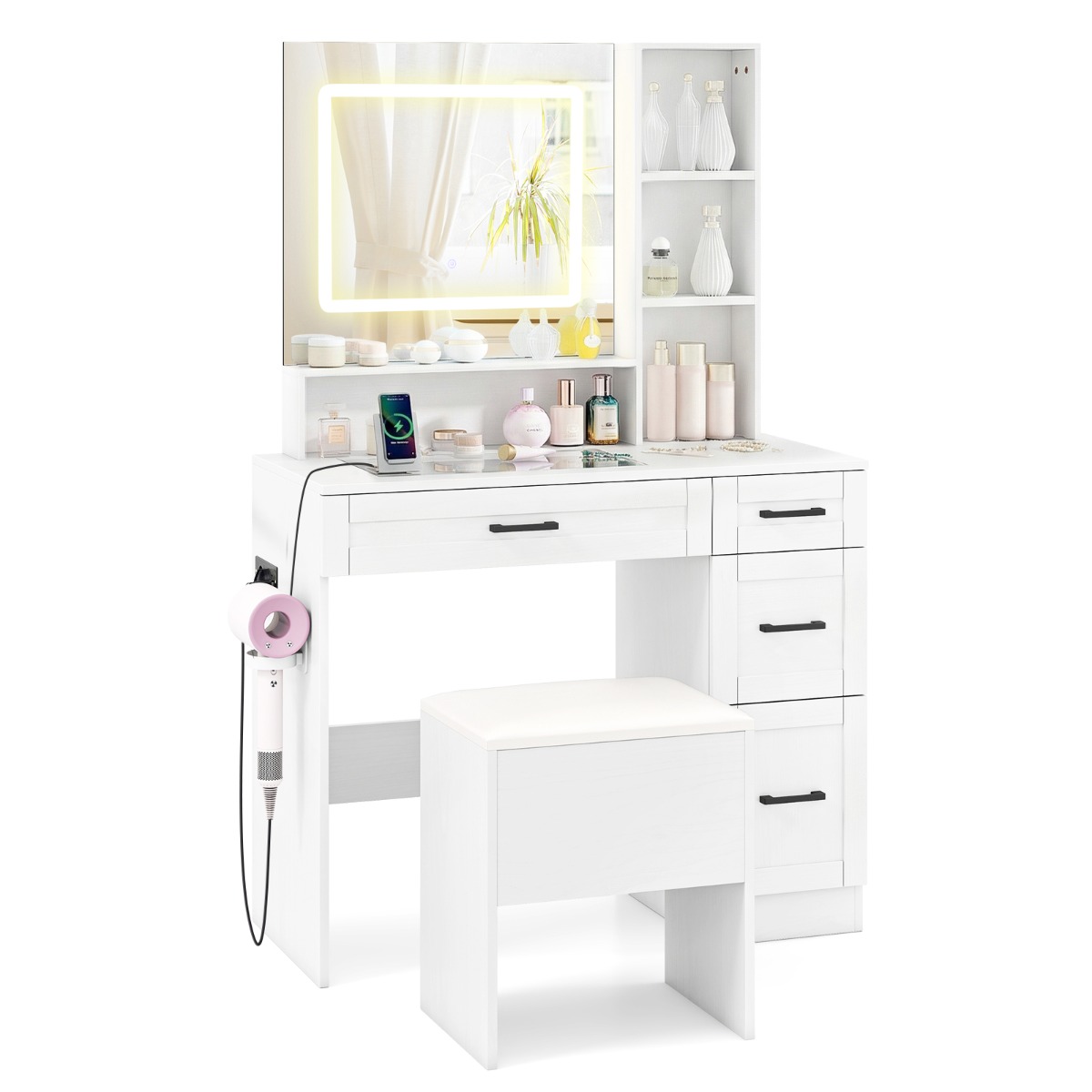 Costway Mesa de Maquillaje con Espejo y Luces Taburete Almacenamiento Enchufes Tapa Cristal 3 Colores Luz Ajustable Estante Secador Blanco
