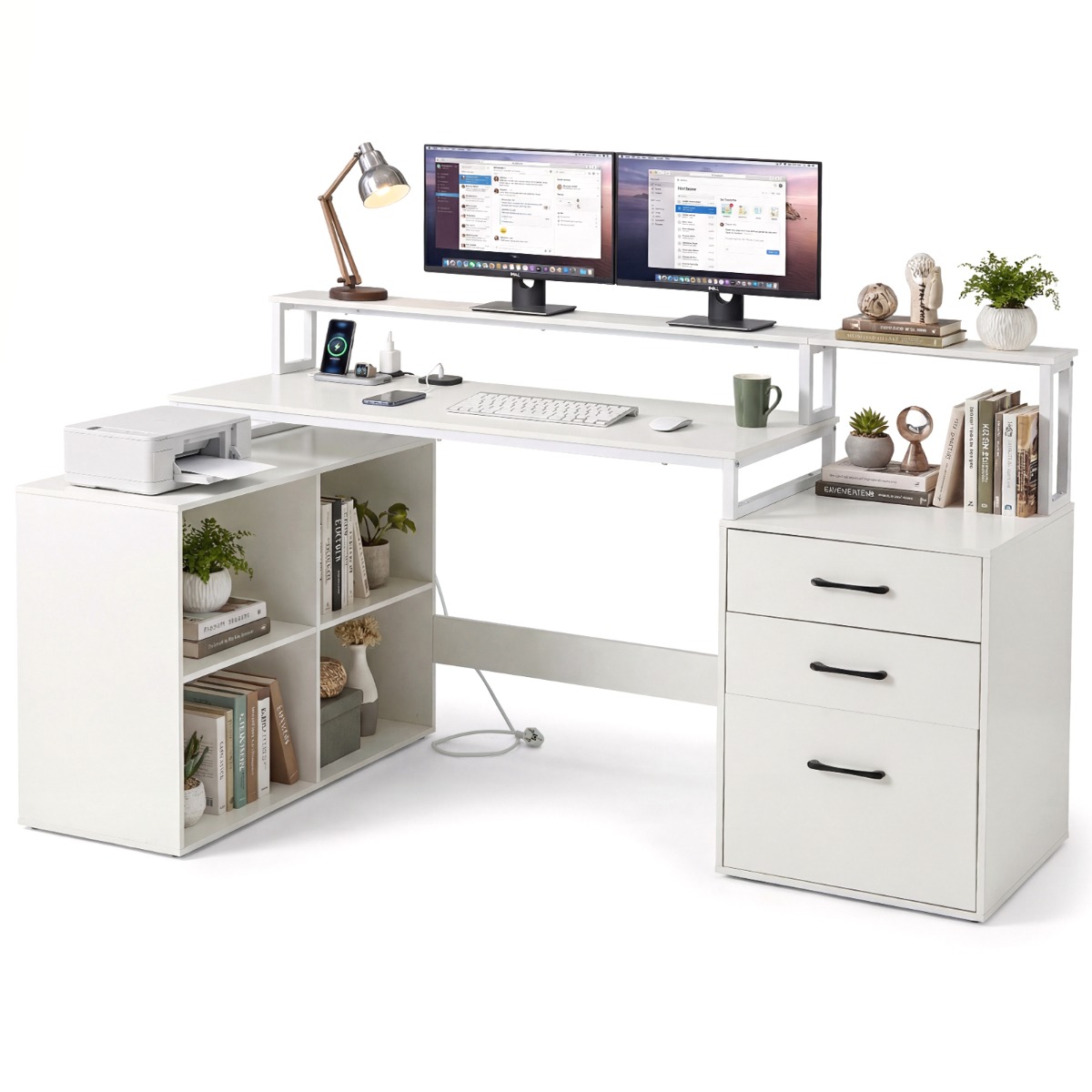 Escritorio en Forma de L con Tomas de Corriente Cajón Archivador Soportes Impresora Monitor Almacenamiento en Cubos Blanco Costway