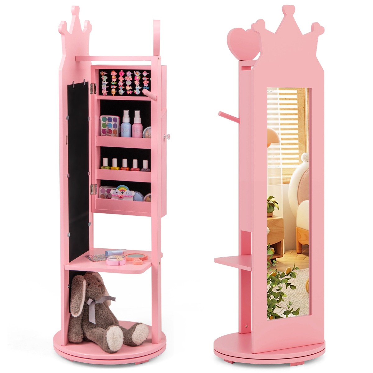 Armario de Joyería para Niños Espejo de Cuerpo Entero de Pie con Base Giratoria y Gran Capacidad de Almacenamiento Perchero Infantil Rosa Costway