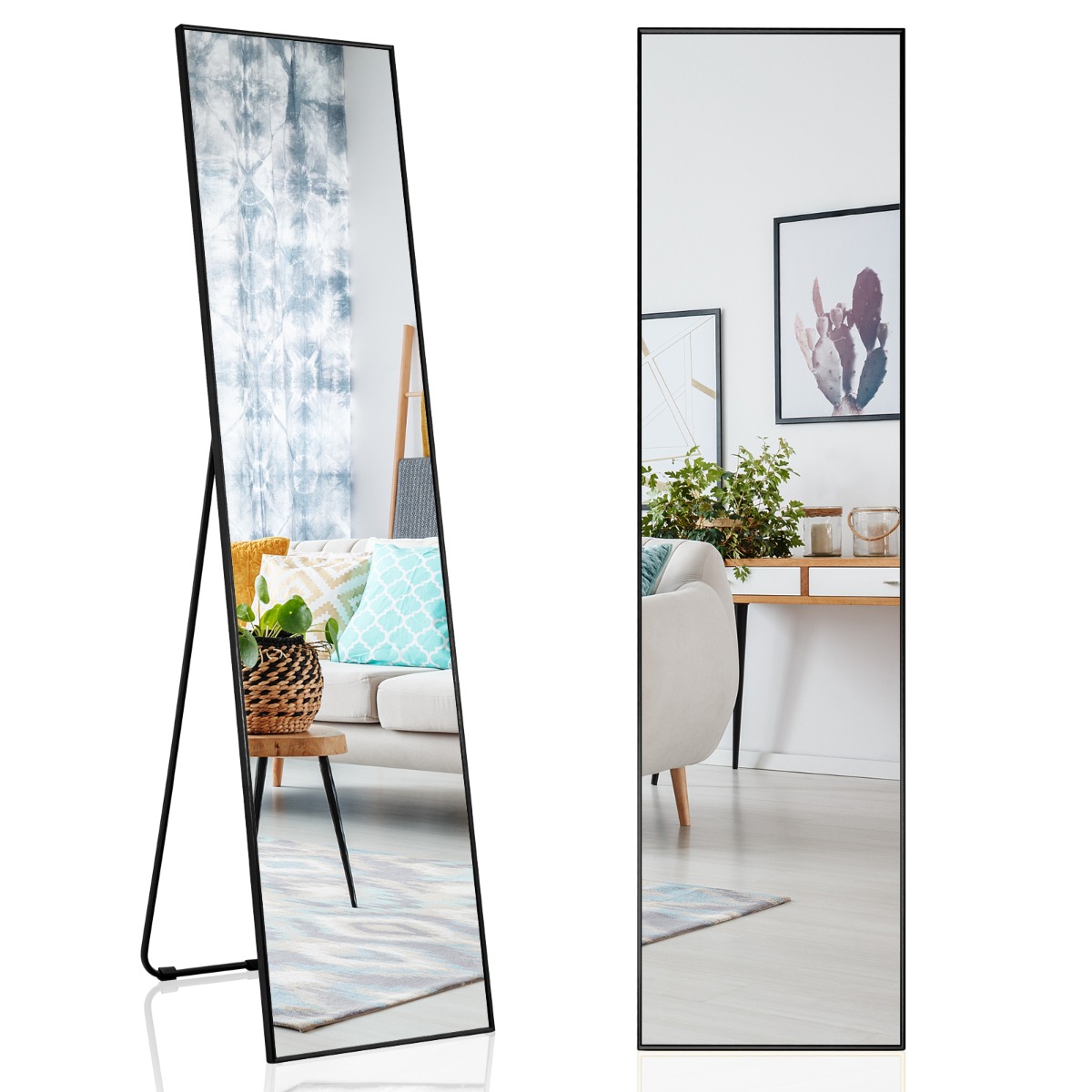 Espejo Rectangular 160x40cm de Pie o de Pared con Cristal Inastillable Marco de Aleación de Aluminio para Dormitorio Vestíbulo Negro Costway