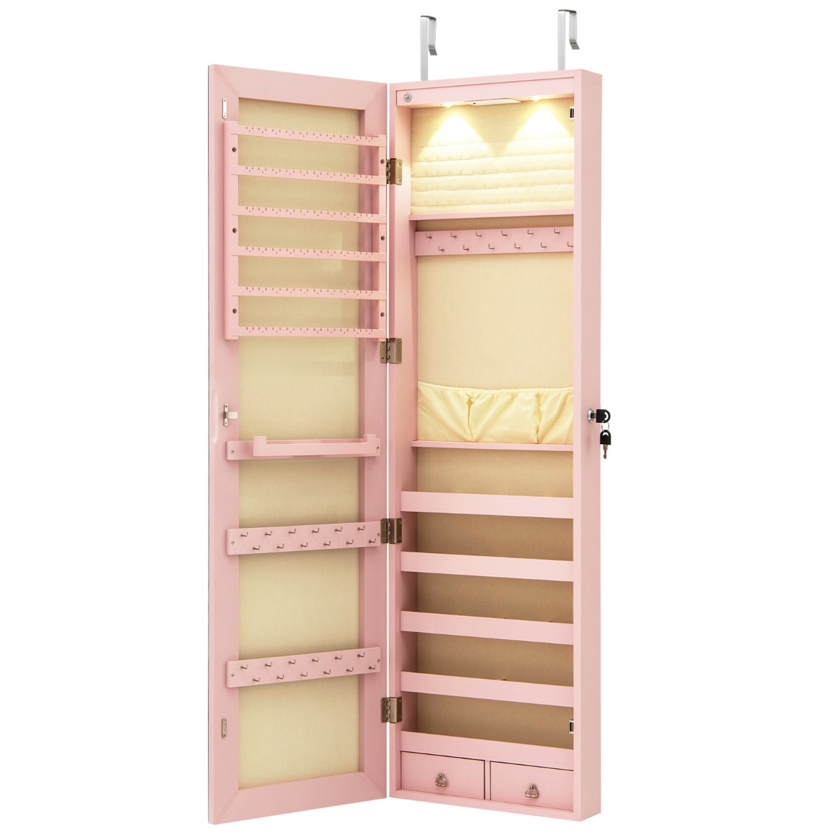 Espejo de Joyería con LED para Colgar para Joya Organizador de Puerta o Pared con Llave 36 x 10 x 120 cm Rosa Costway