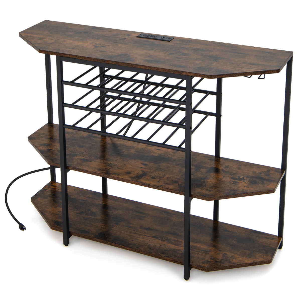 Costway Gabinete de Vinos Estante para Vinos 3 Niveles con Soportes para Vasos Tomas de Corriente Botellero para Bar 120 x 40 x 92 cm Marrón