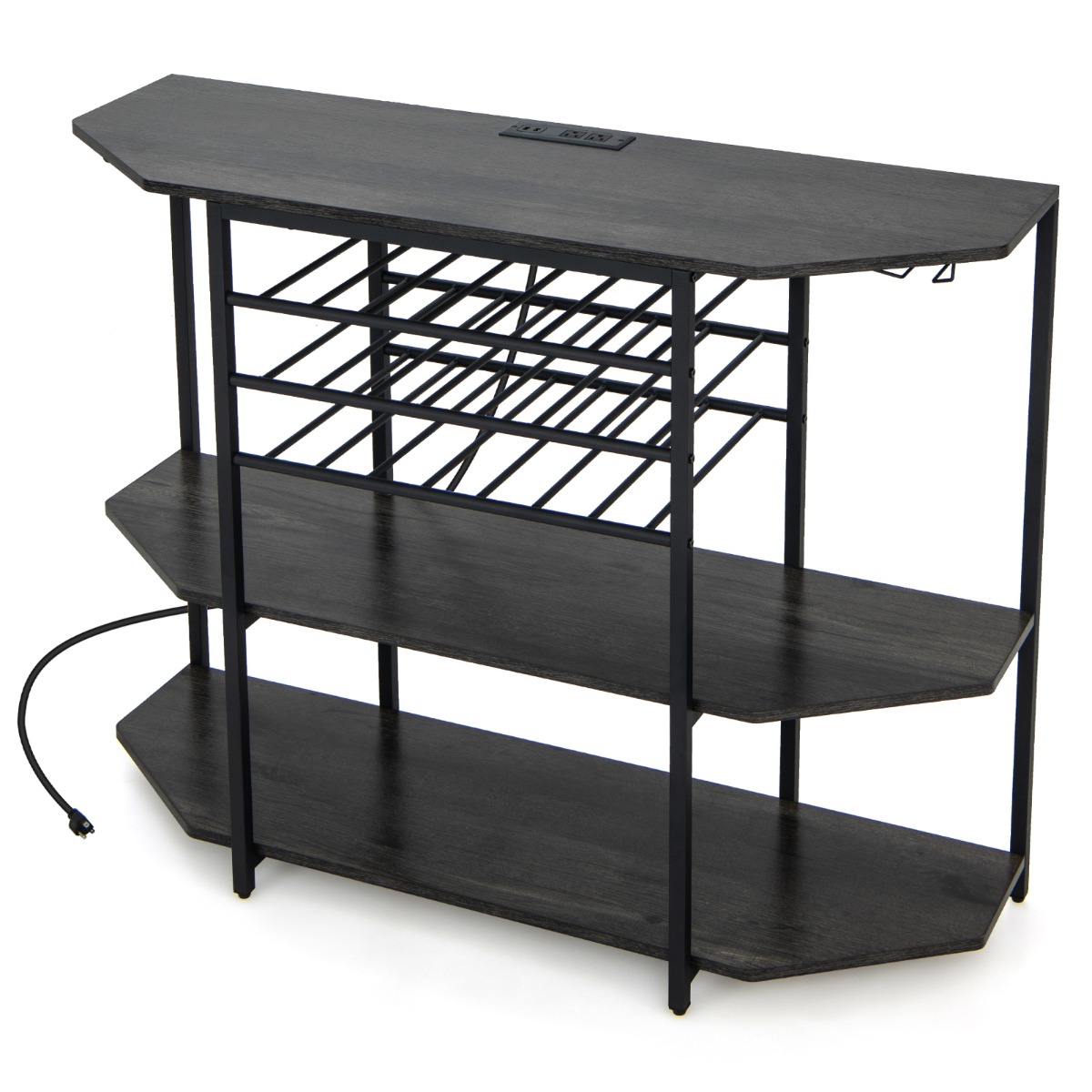 Costway Gabinete de Vinos Estante para Vinos 3 Niveles con Soportes para Vasos Tomas de Corriente Botellero para Bar 120 x 40 x 92 cm Gris