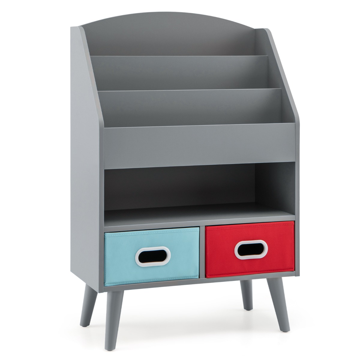 Costway Estantería para Niños Mueble de Exposición de Libros con Estantes de 3 Niveles y 2 Cajones Plegables Organizador de Juguetes Gris