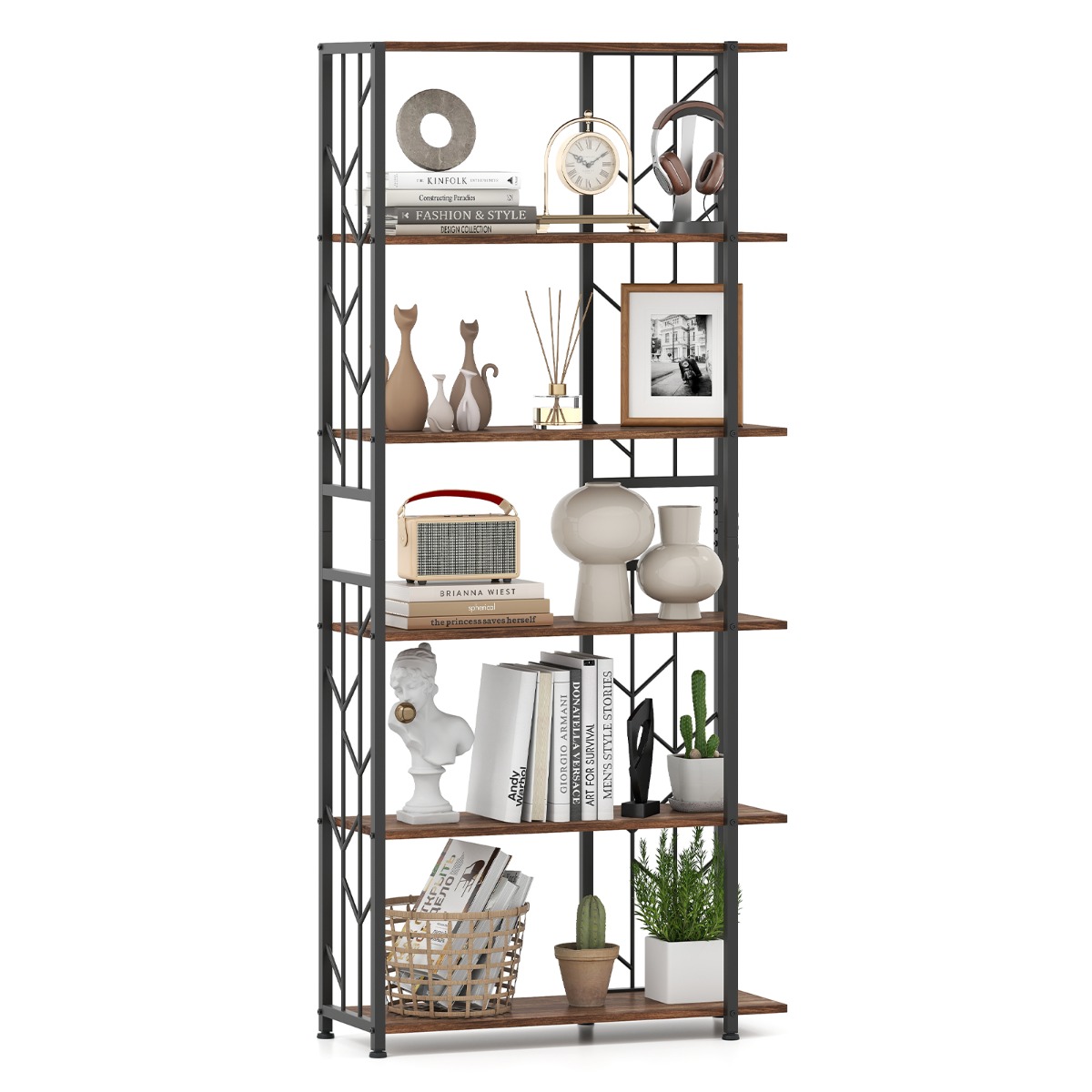 Estantería de 6 Niveles con Estructura Metálica Estante de Exhibición Independiente con 2 Juegos Anticaída 80 x 31 x 180 cm-Marrón Costway