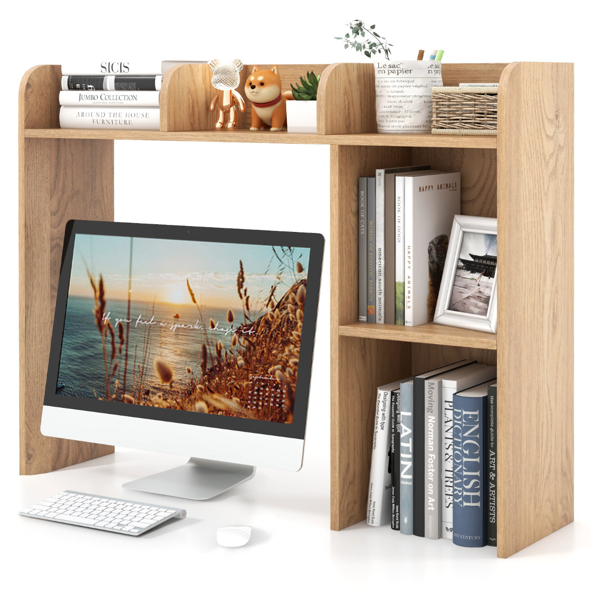 Estantería de Escritorio de Madera para Encimera con 4 Estantes y Compartimento Abierto Organizador de Escritorio 94 x 25 x 74 cm Natural Costway