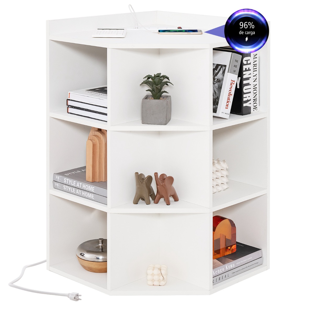 Gabinete Esquinero de 3 Niveles con Estación de Carga 9 Cubículos 2 Puertos USB 4 Salidas para Espacios Pequeños Organizador en Cubos Blanco Costway