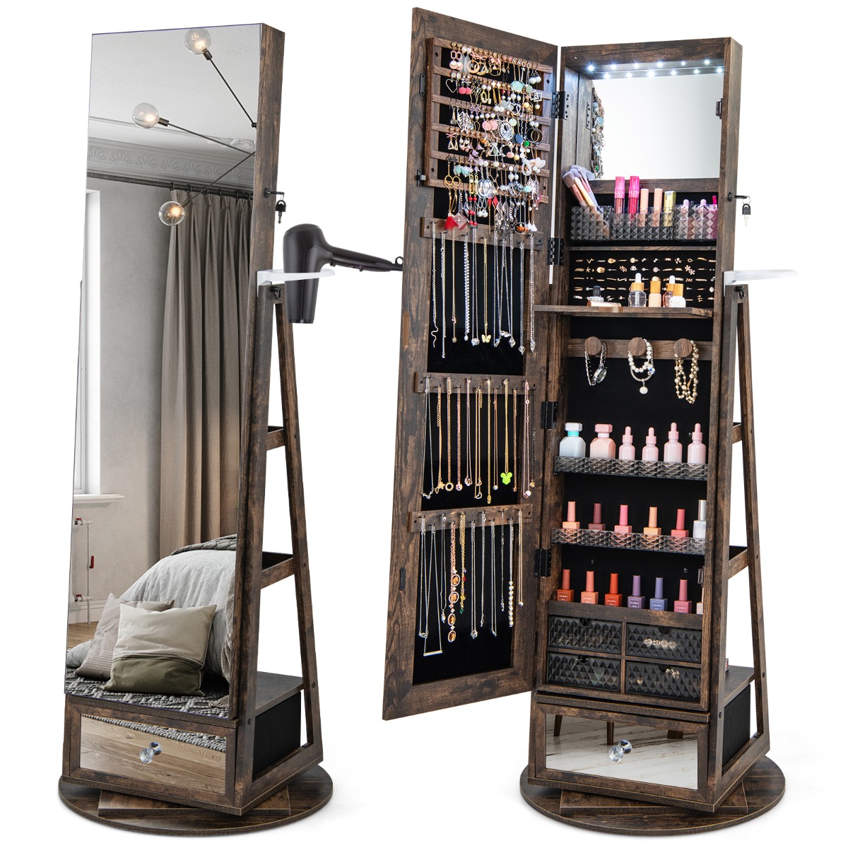 Gabinete para Joyería Giratorio de 360° con Espejo Luces LED Cerradura y Estante Trasero Nuez Costway