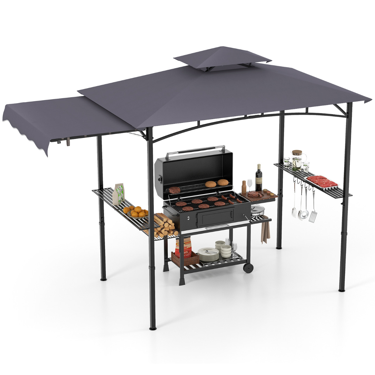Gazebo para Barbacoa con Parrilla de 318 x 153 cm Toldo Lateral Parte Superior de 2 Niveles 2 Estantes Laterales Marco de Metal Gris Oscuro Costway