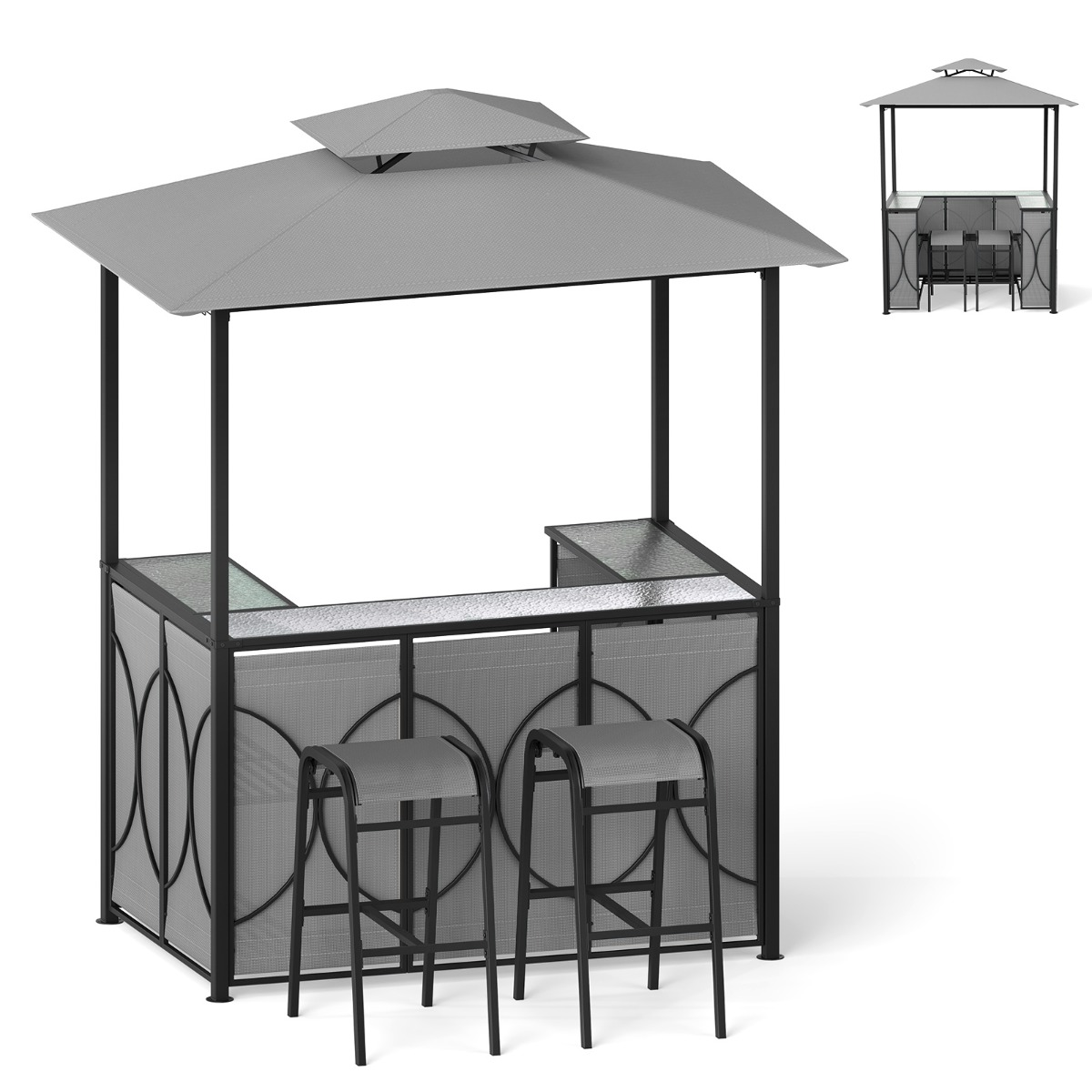 Conjunto de Gazebo para Parrilla 194 x 121 x 242 cm con 2 Taburetes Estante Metálico de 2 Niveles Doble Techo para BBQ-Gris Costway