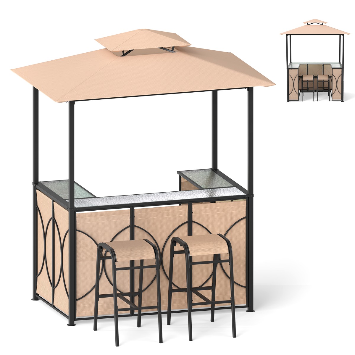 Conjunto de Gazebo para Parrilla 194 x 121 x 242 cm con 2 Taburetes Estante Metálico de 2 Niveles Doble Techo para BBQ-Marrón Costway