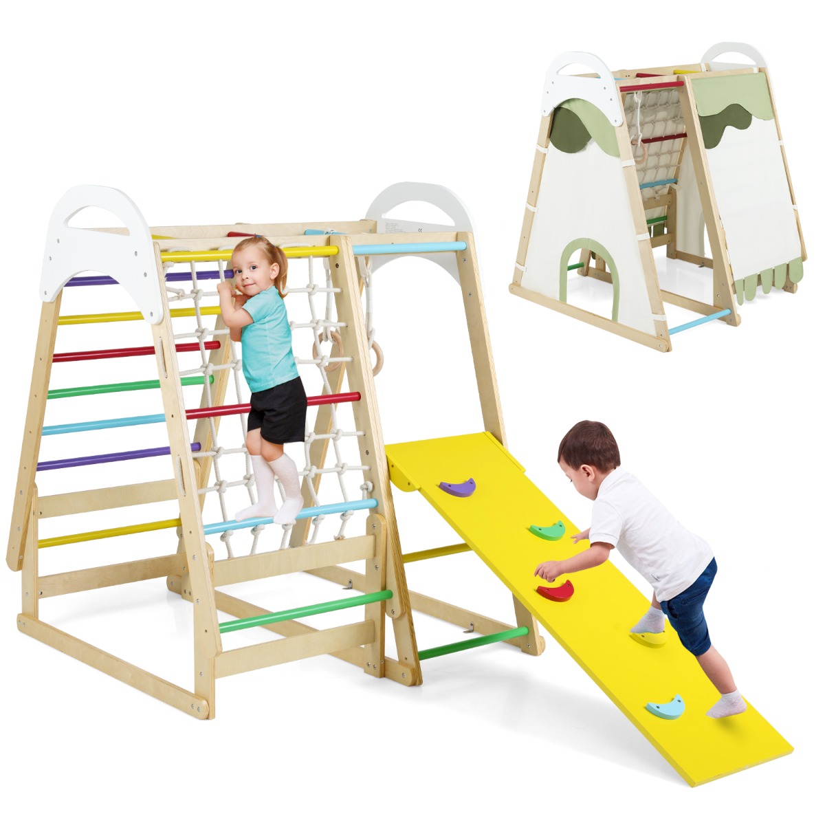 Gimnasio de Jungla Interior 6 en 1 de Madera con Tobogán Barras Anillas Red Escalera Tienda para Niños 1+ Años Multicolor Costway