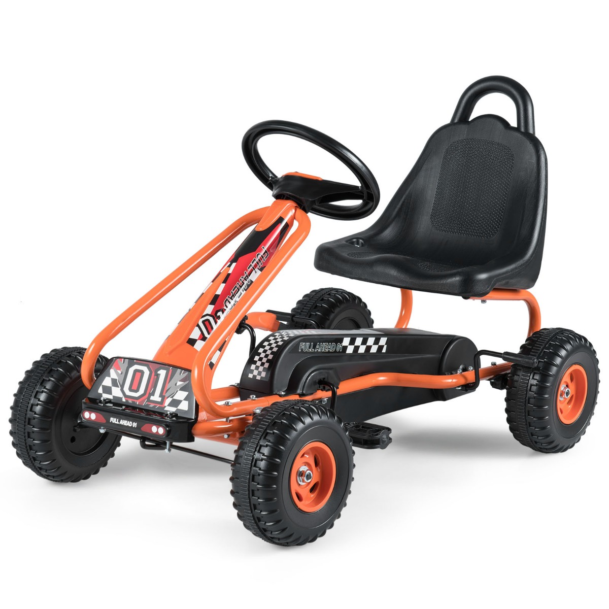 Go kart de Pedales para Niños con 4 Ruedas Antideslizantes Asiento Envolvente y Freno de Mano 92 x 50 x 53 cm Naranja Costway