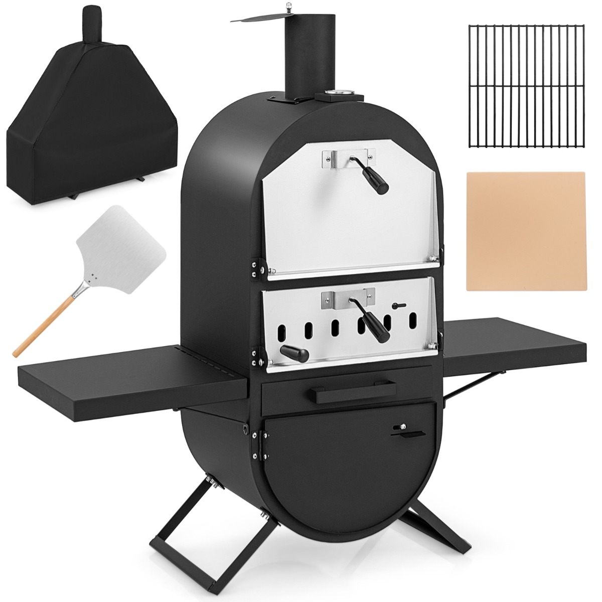 Costway Horno para Pizza Exterior Horno de Leña con Cubierta de Tela Oxford Piedra para Pizza Pala para Pizza y Parrilla Termómetro para BBQ Camping