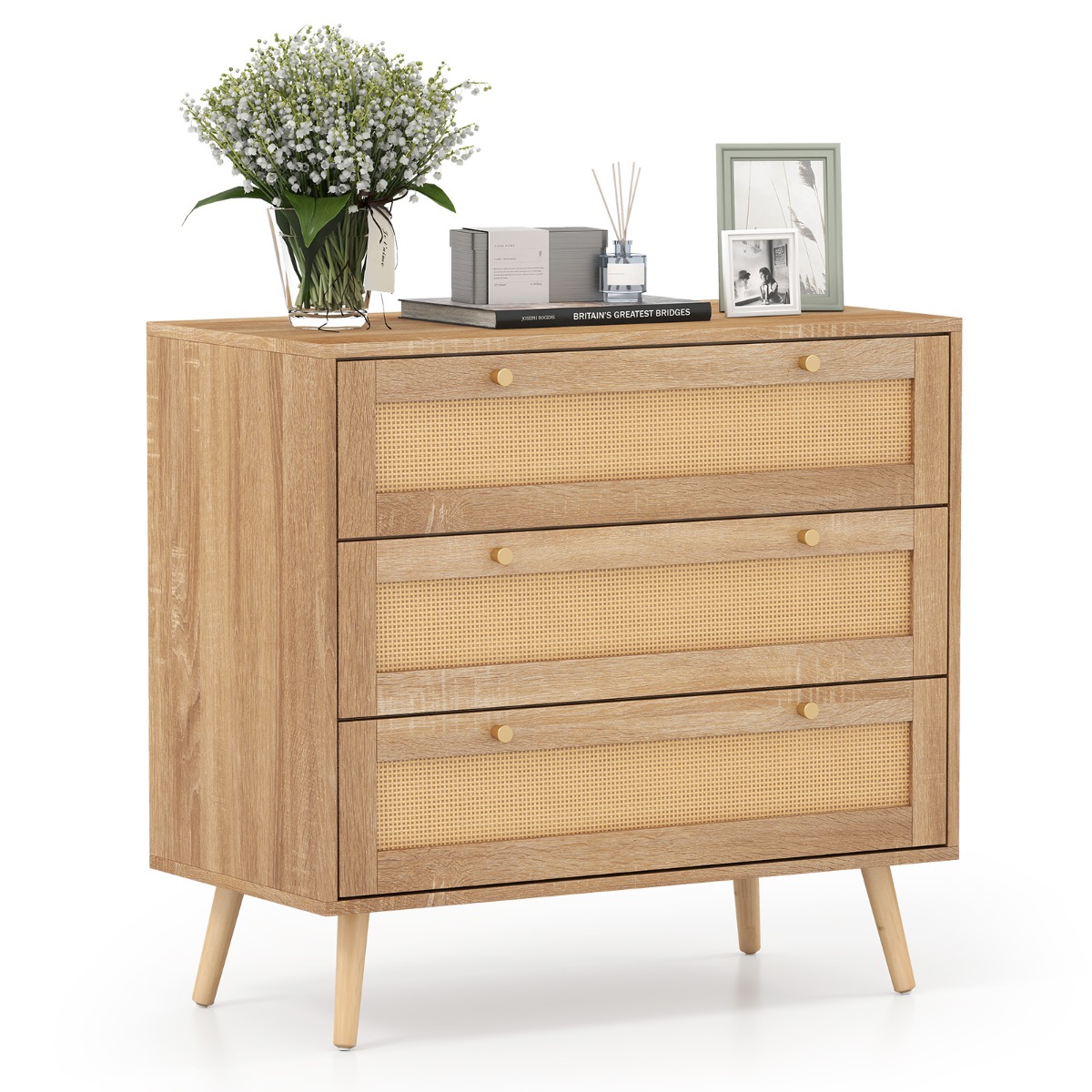 Costway Cómoda de Ratán con 3 Cajones y Patas de Madera de Pino Estilo Bohemio para Dormitorio Sala de Estar o Entrada Natural