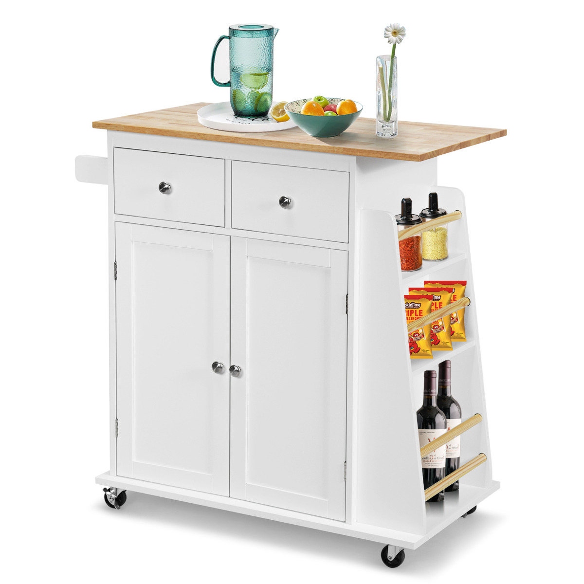 Isla de Cocina con Ruedas Almacenamiento Carro para Comedor Encimera de Madera Caucho 2 Cajones Especiero 88 cm x 45 cm x 89,5 cm Blanco Costway