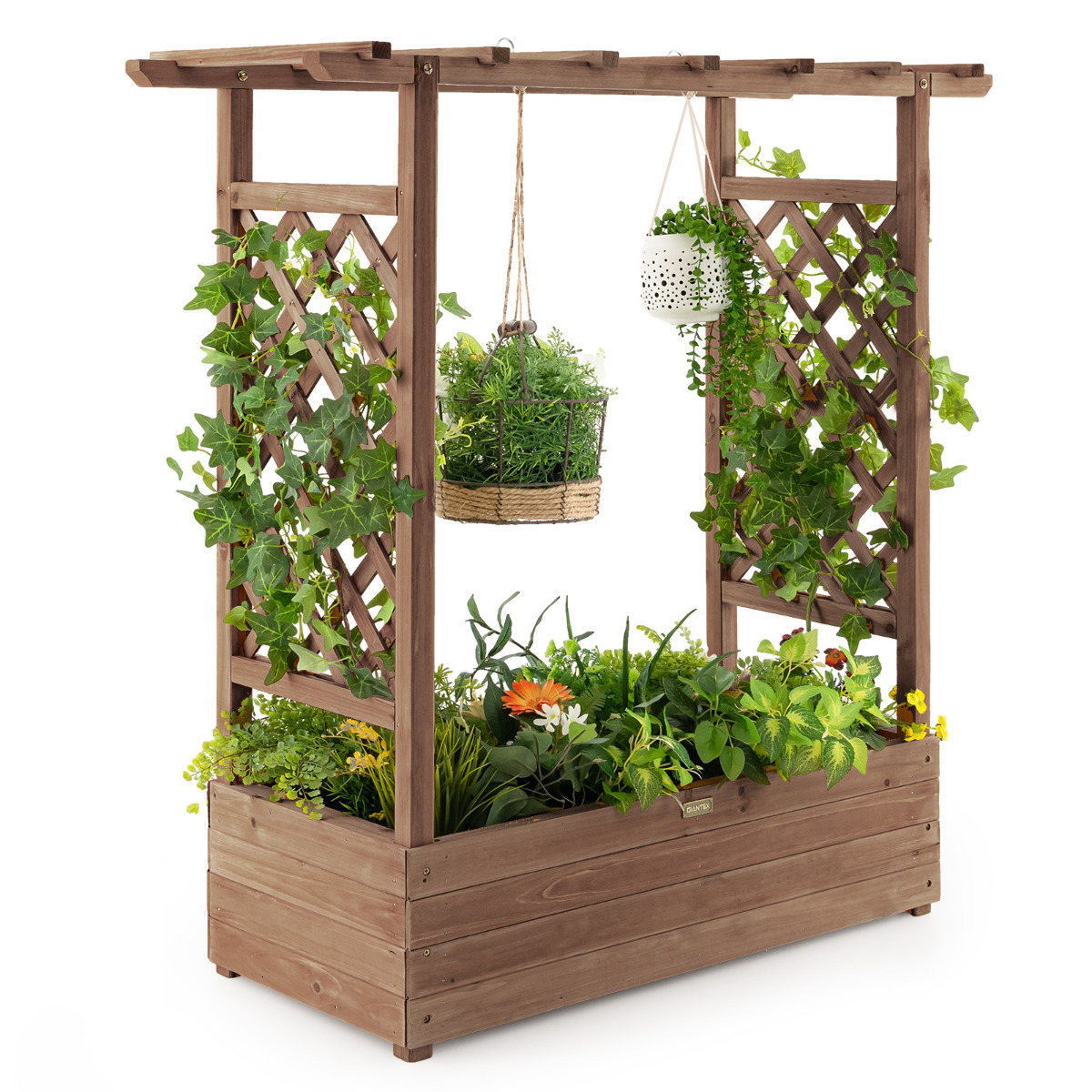 Jardinera Elevado con Enrejado Arqueado de Plantas Techo Colgante Macetero Orificios de Drenaje Contenedor Patio 100 x 44 x 113,5 cm Marrón Costway